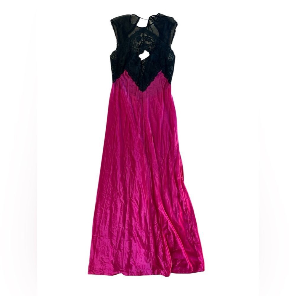 VINTAGE KAYSER HOT PINK BLACK LACE MAXI SLIP DRESS XS WOMENS USA MADE LINGERIE
